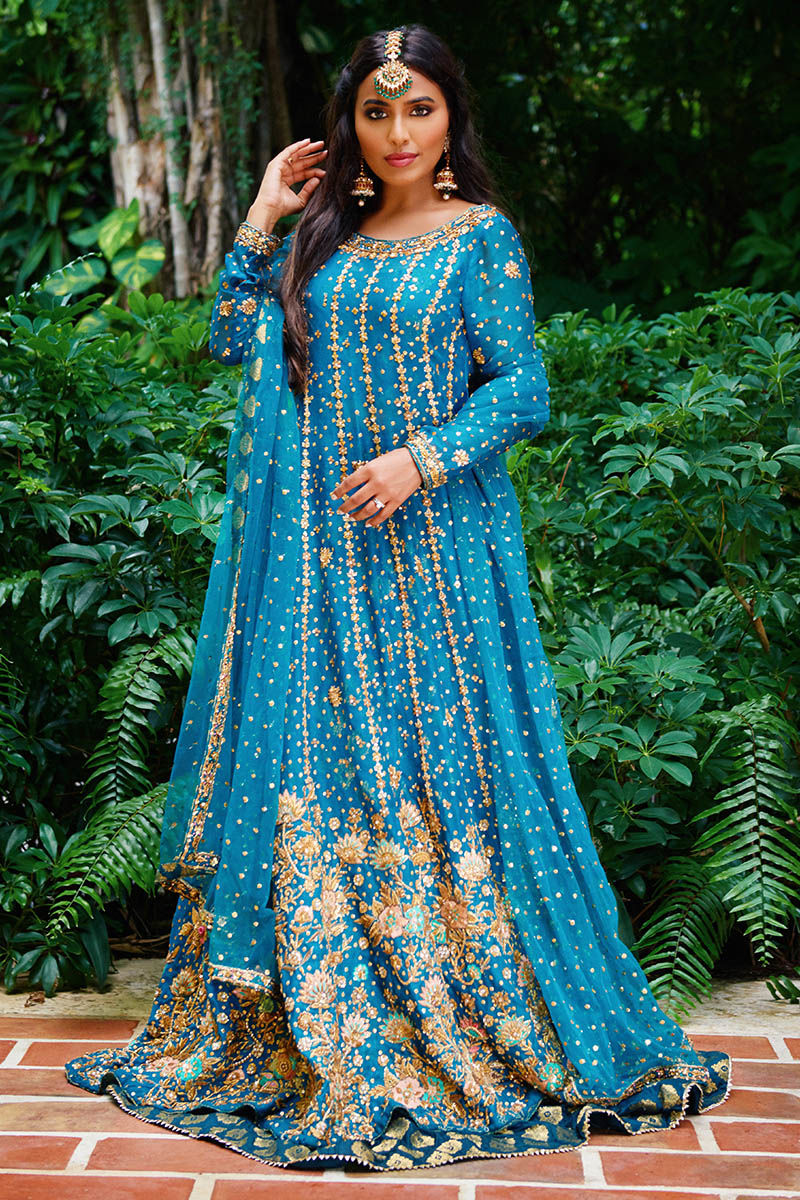 Teal Embroidered Net Pishwas Dress (3-Piece) - Image 1