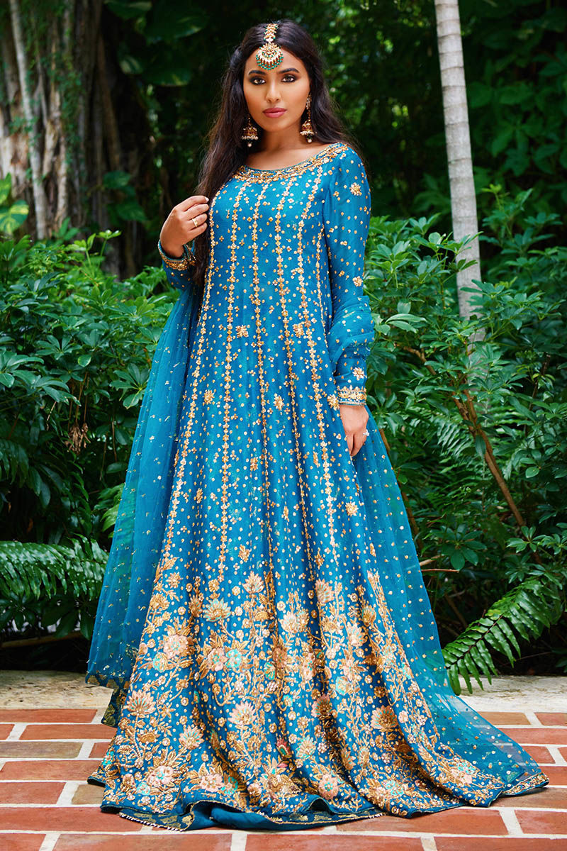 Teal Embroidered Net Pishwas Dress (3-Piece) - Image 3