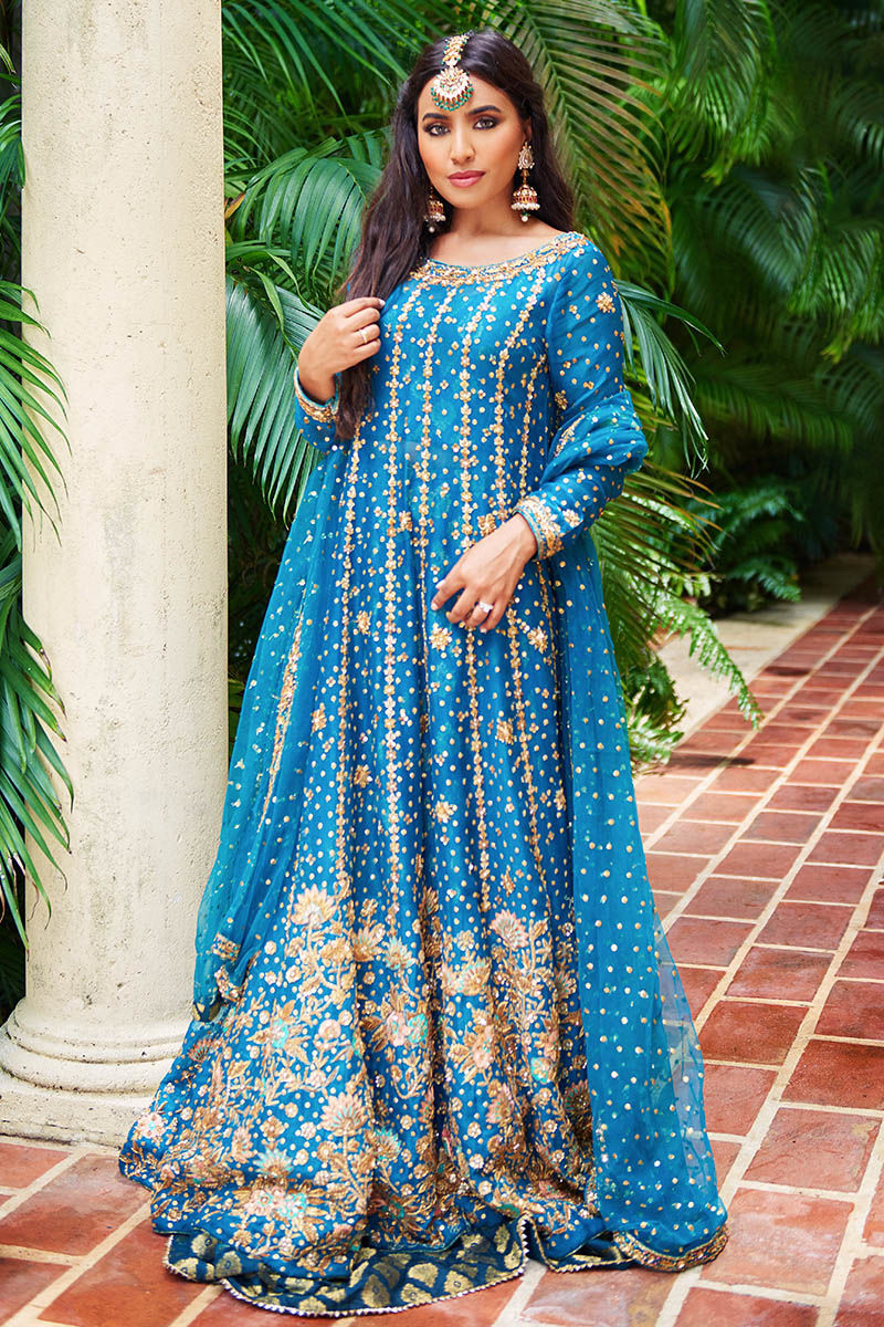 Teal Embroidered Net Pishwas Dress (3-Piece) - Image 4