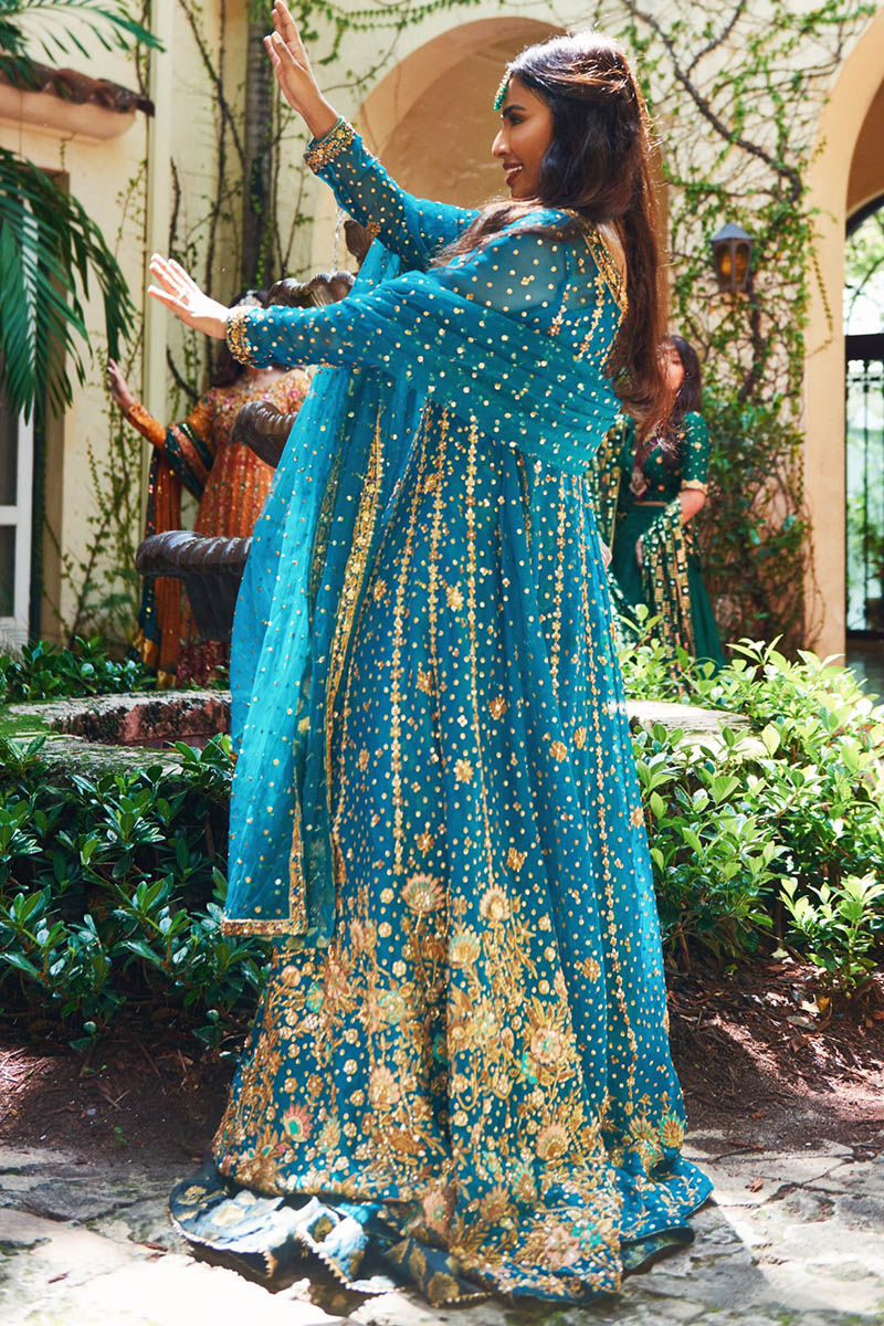 Teal Embroidered Net Pishwas Dress (3-Piece) - Image 5