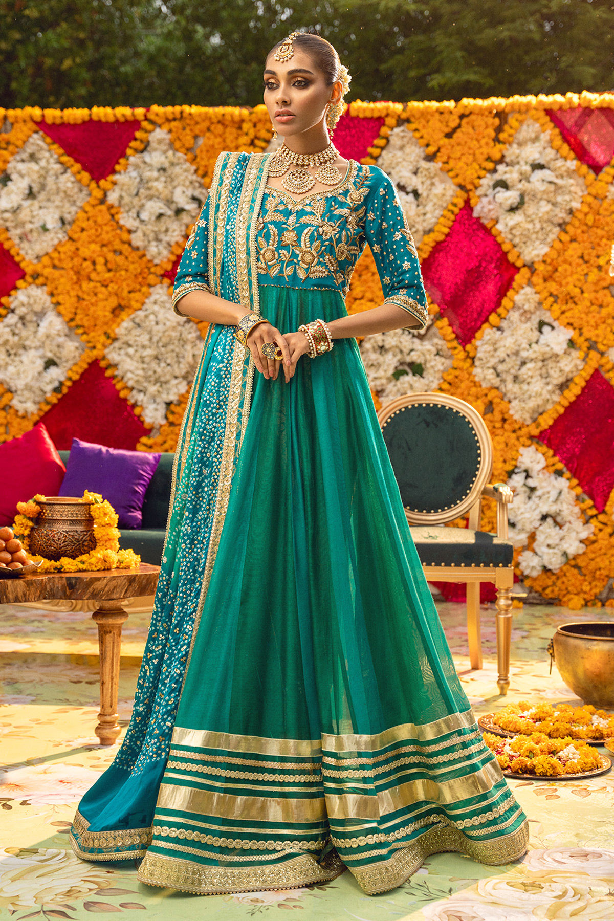 Teal Blue Zardozi Net-Organza Pishwas (2-Piece) - Image 1