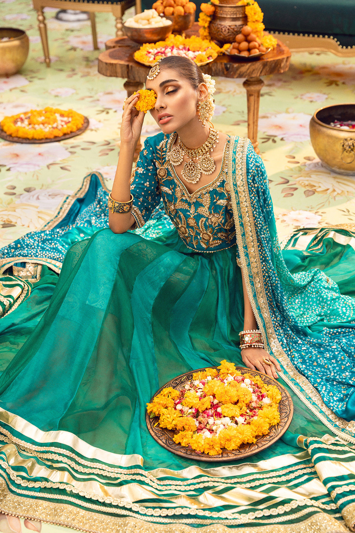 Teal Blue Zardozi Net-Organza Pishwas (2-Piece) - Image 2