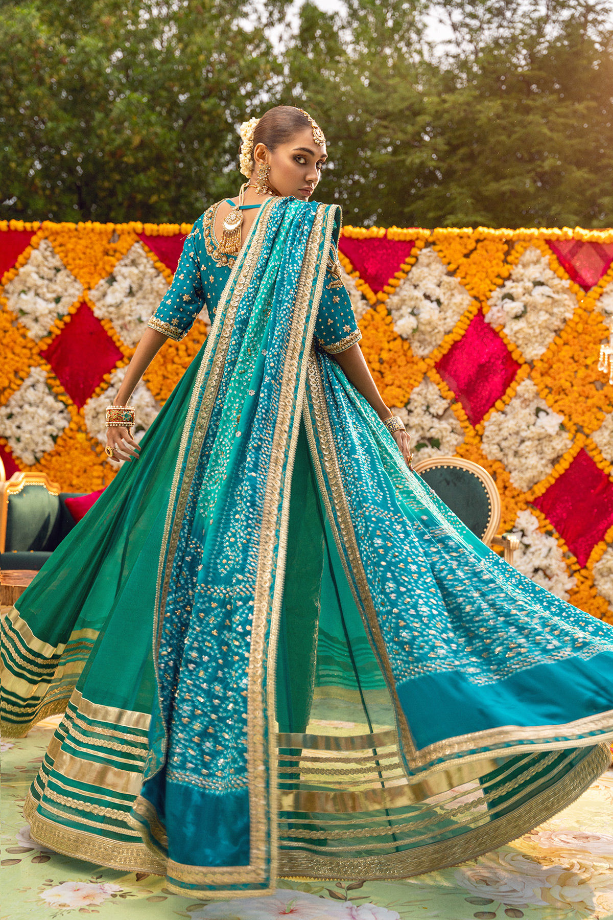 Teal Blue Zardozi Net-Organza Pishwas (2-Piece) - Image 3