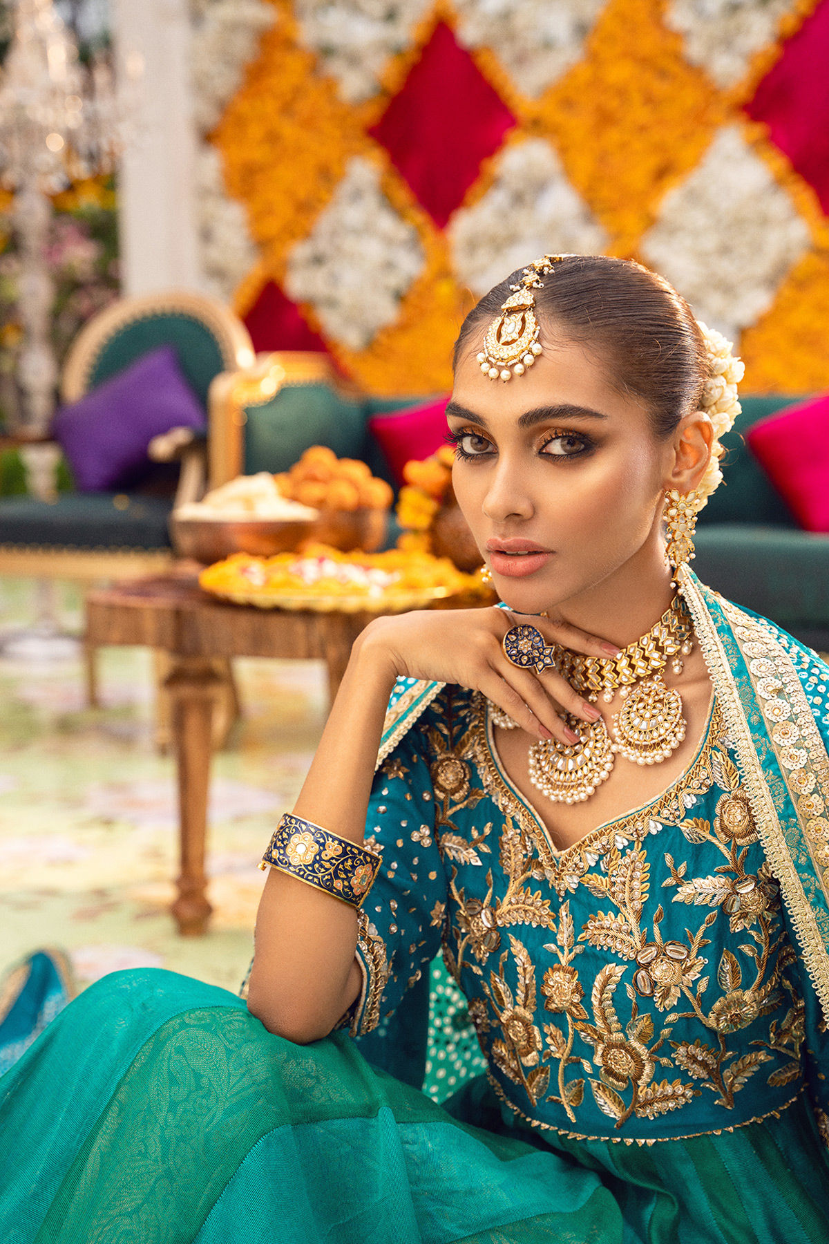 Teal Blue Zardozi Net-Organza Pishwas (2-Piece) - Image 4