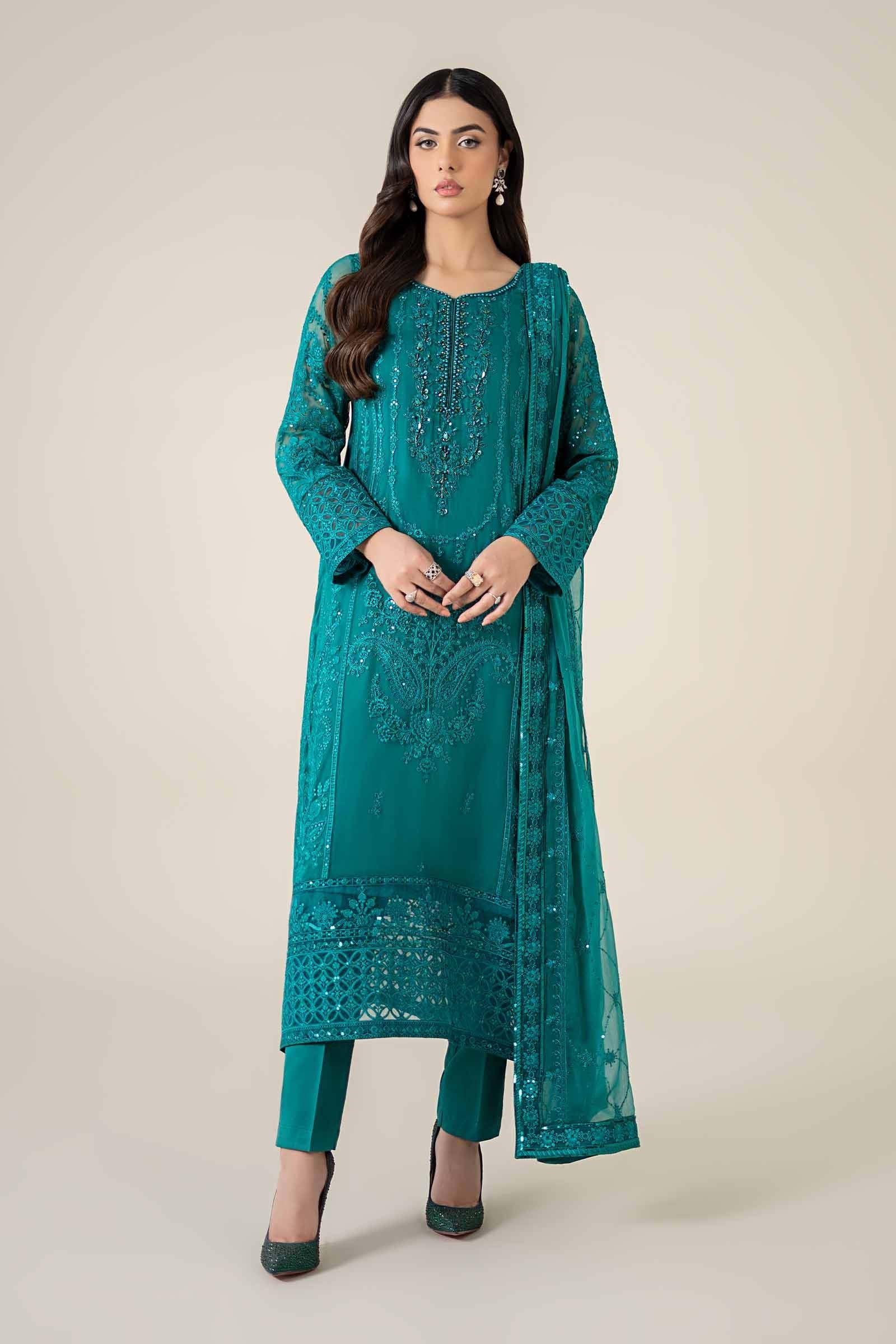Pakistani Teal Embroidered Bamber Chiffon 3-Piece Suit - Image 1