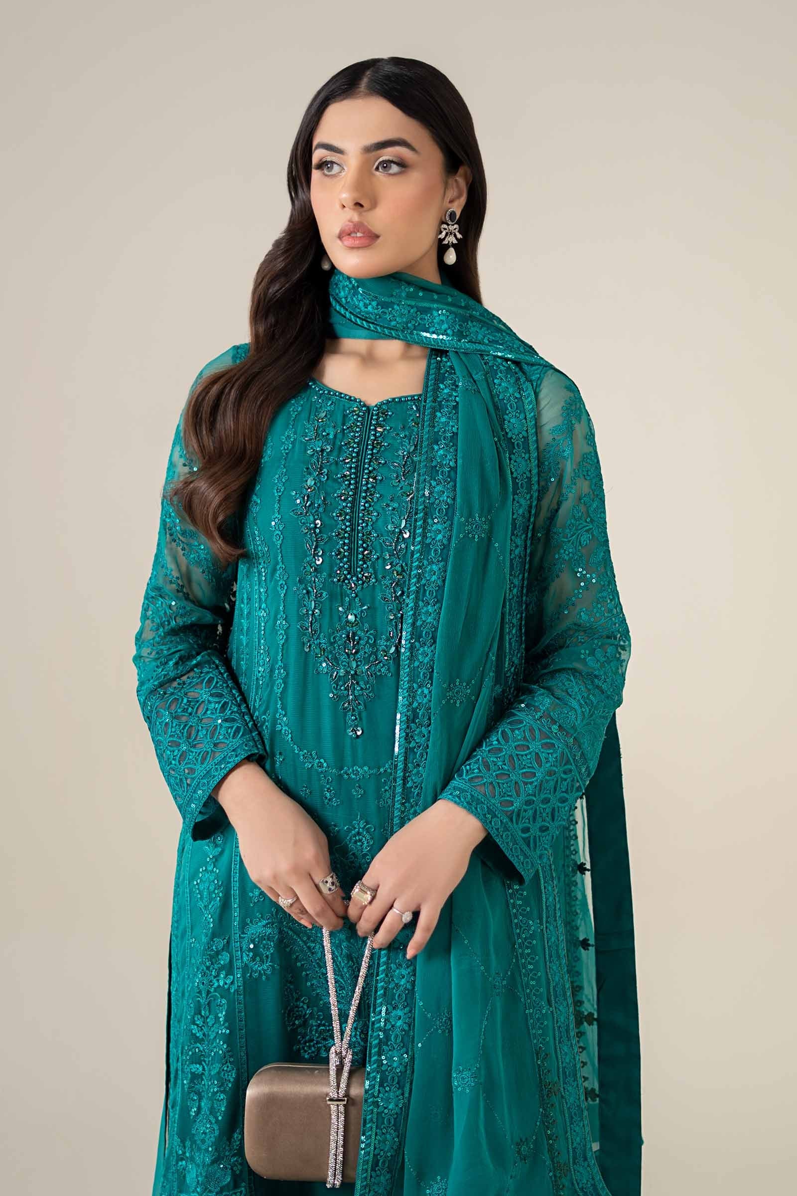 Pakistani Teal Embroidered Bamber Chiffon 3-Piece Suit - Image 2