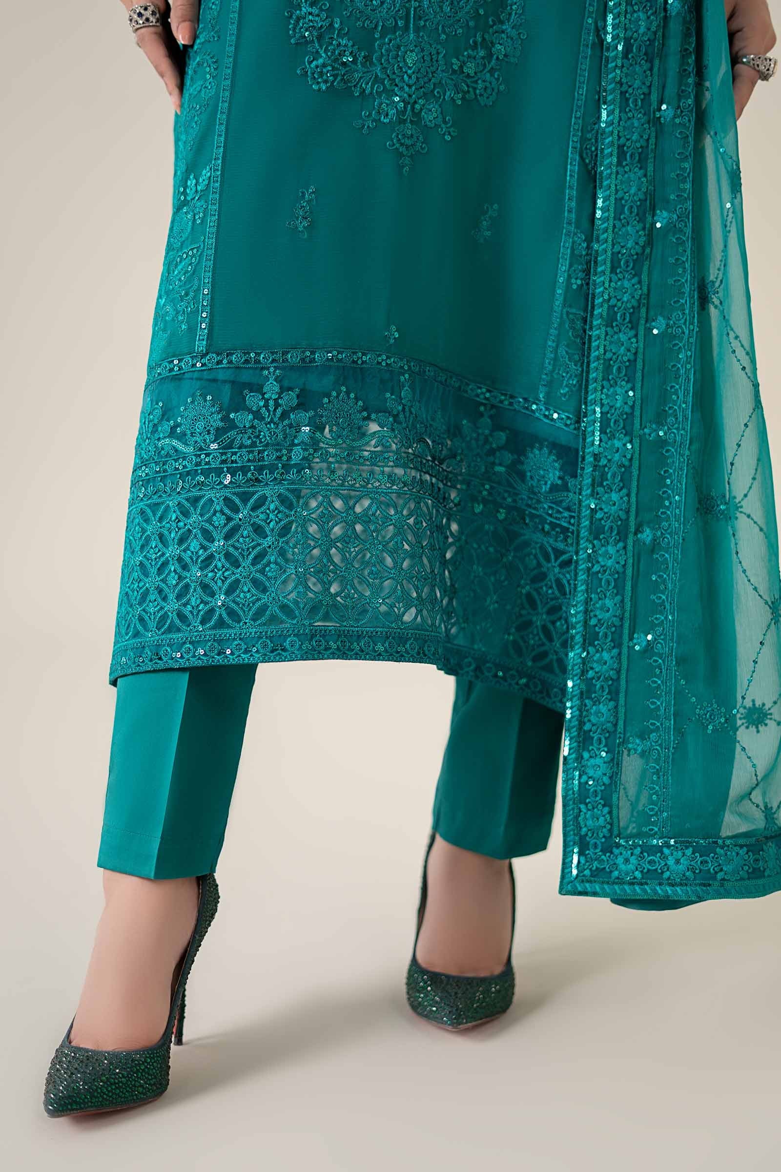 Pakistani Teal Embroidered Bamber Chiffon 3-Piece Suit - Image 3