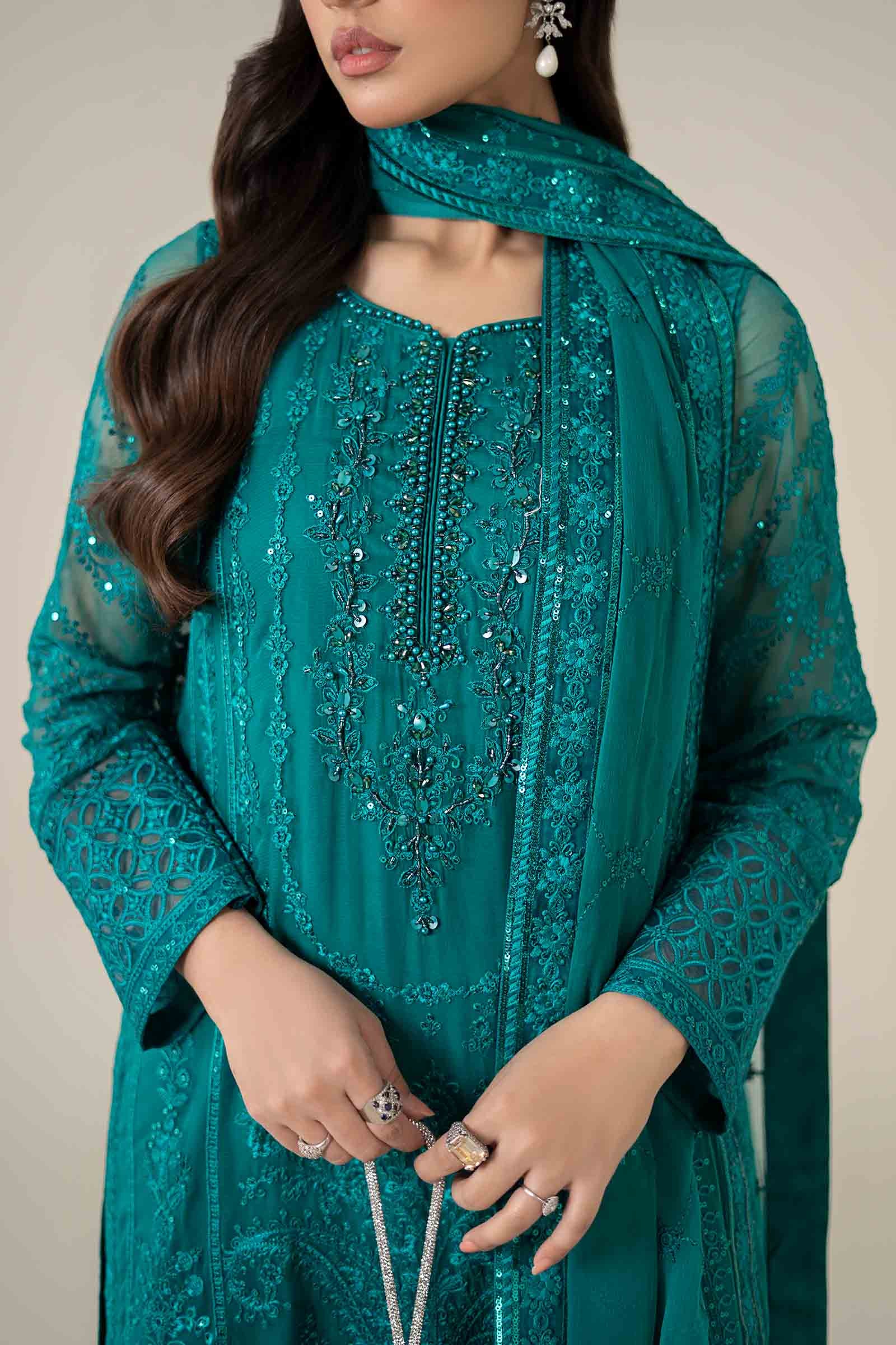 Pakistani Teal Embroidered Bamber Chiffon 3-Piece Suit - Image 4