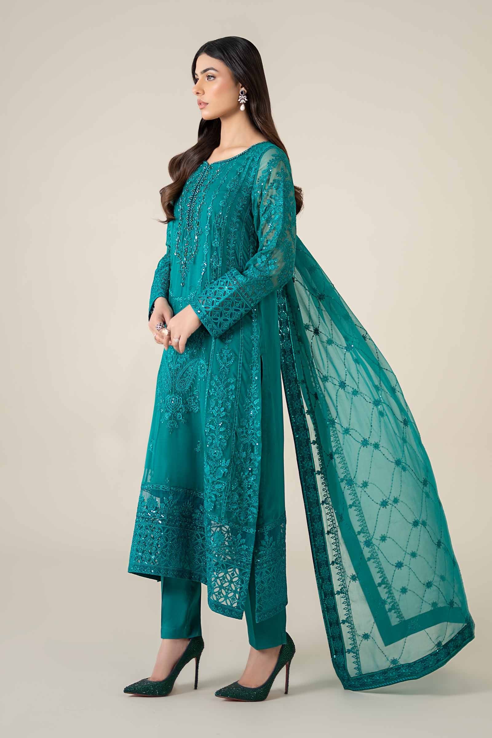 Pakistani Teal Embroidered Bamber Chiffon 3-Piece Suit - Image 5