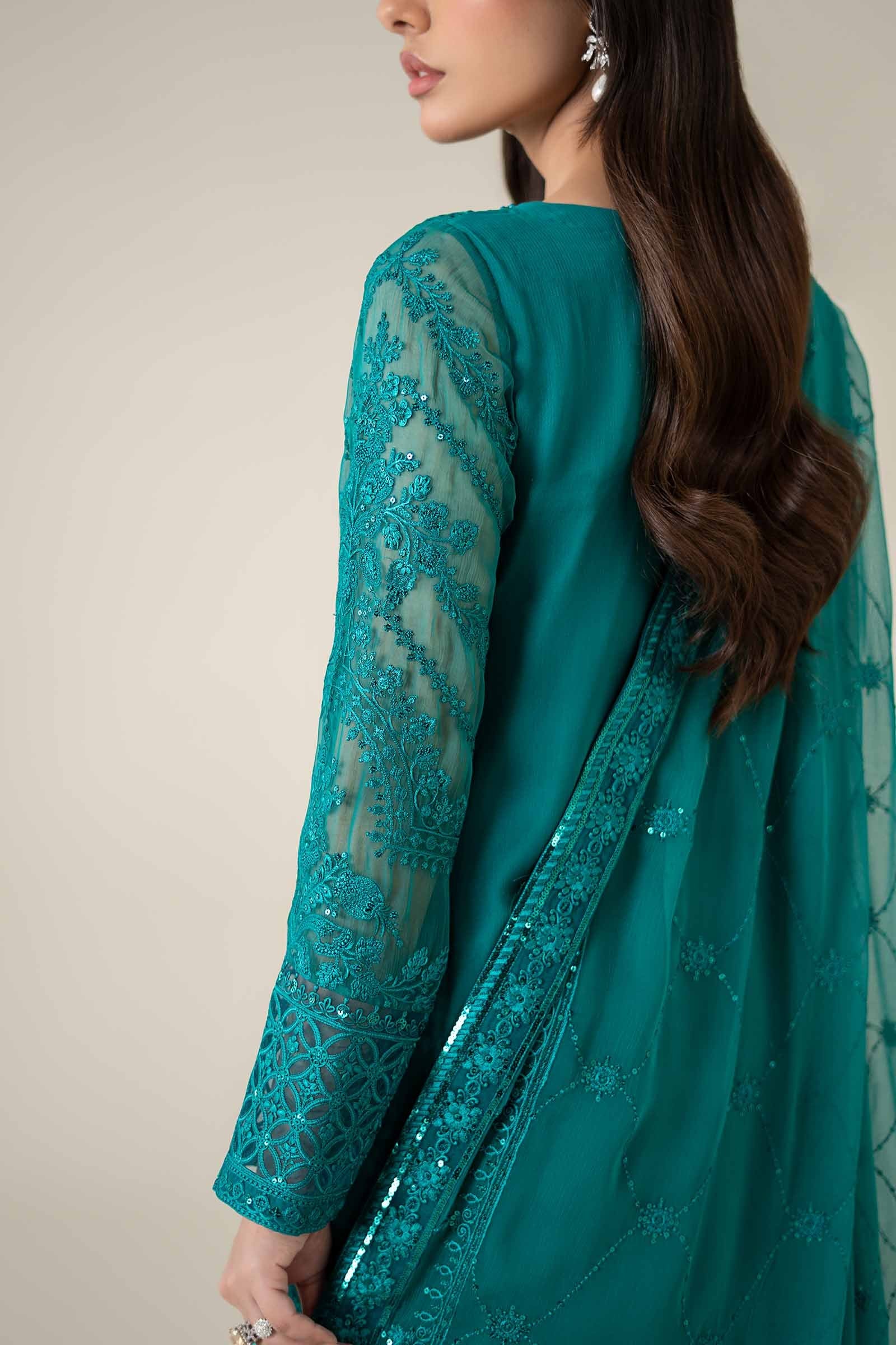 Pakistani Teal Embroidered Bamber Chiffon 3-Piece Suit - Image 6