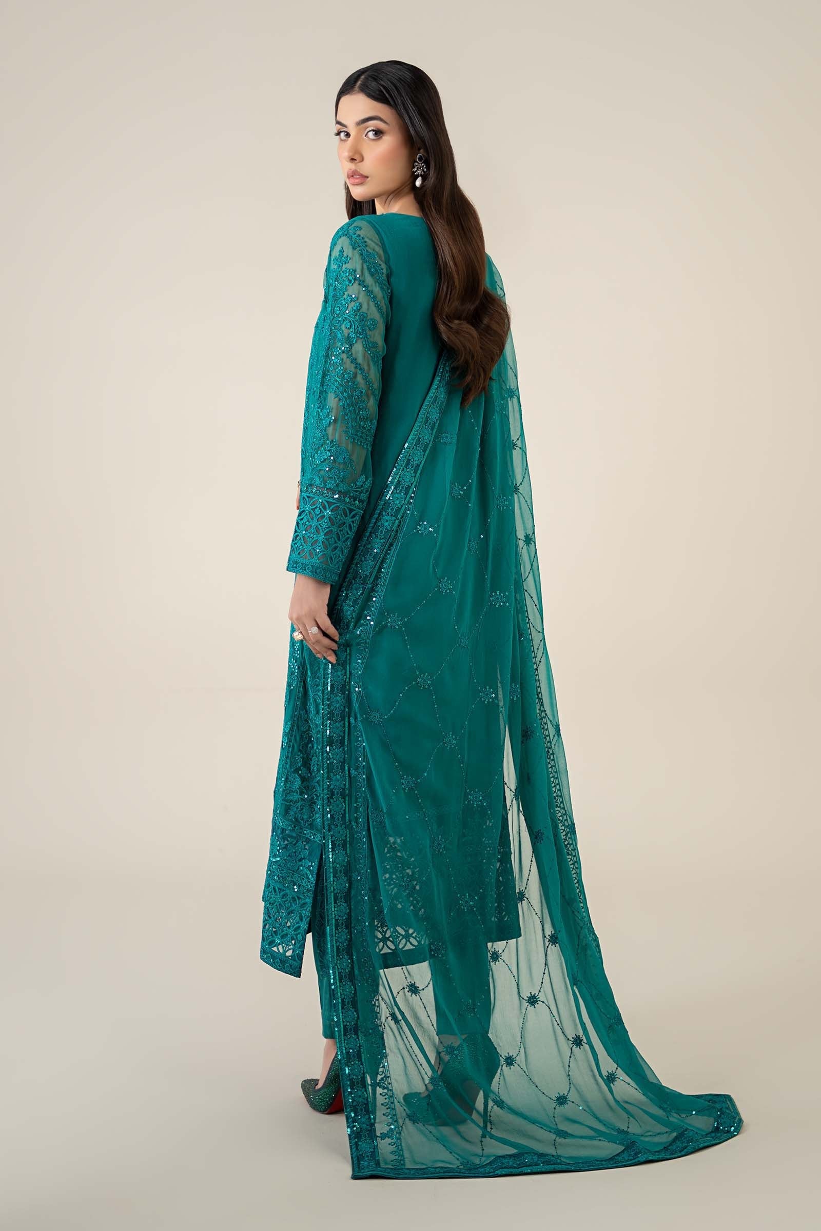Pakistani Teal Embroidered Bamber Chiffon 3-Piece Suit - Image 7