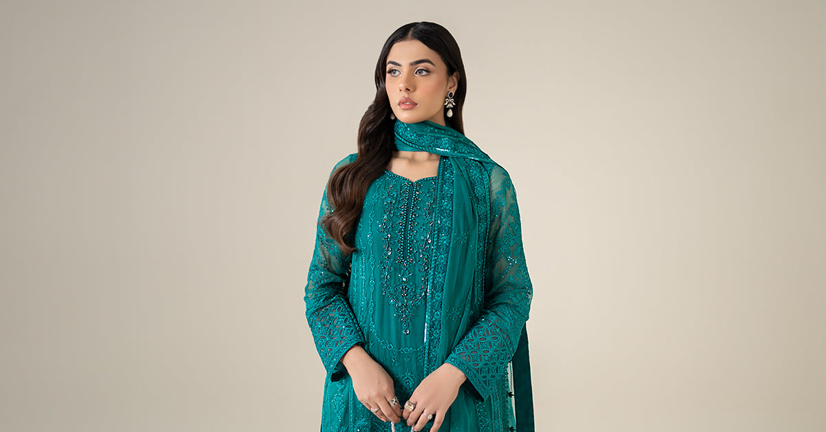 Pakistani Teal Embroidered Bamber Chiffon 3-Piece Suit - Image 8
