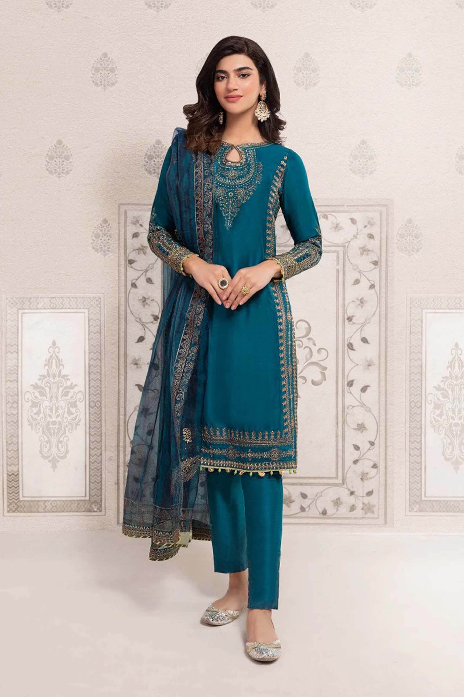 Teal Embroidered Bamber Raw Silk Straight Suit (3-Piece) - Image 1