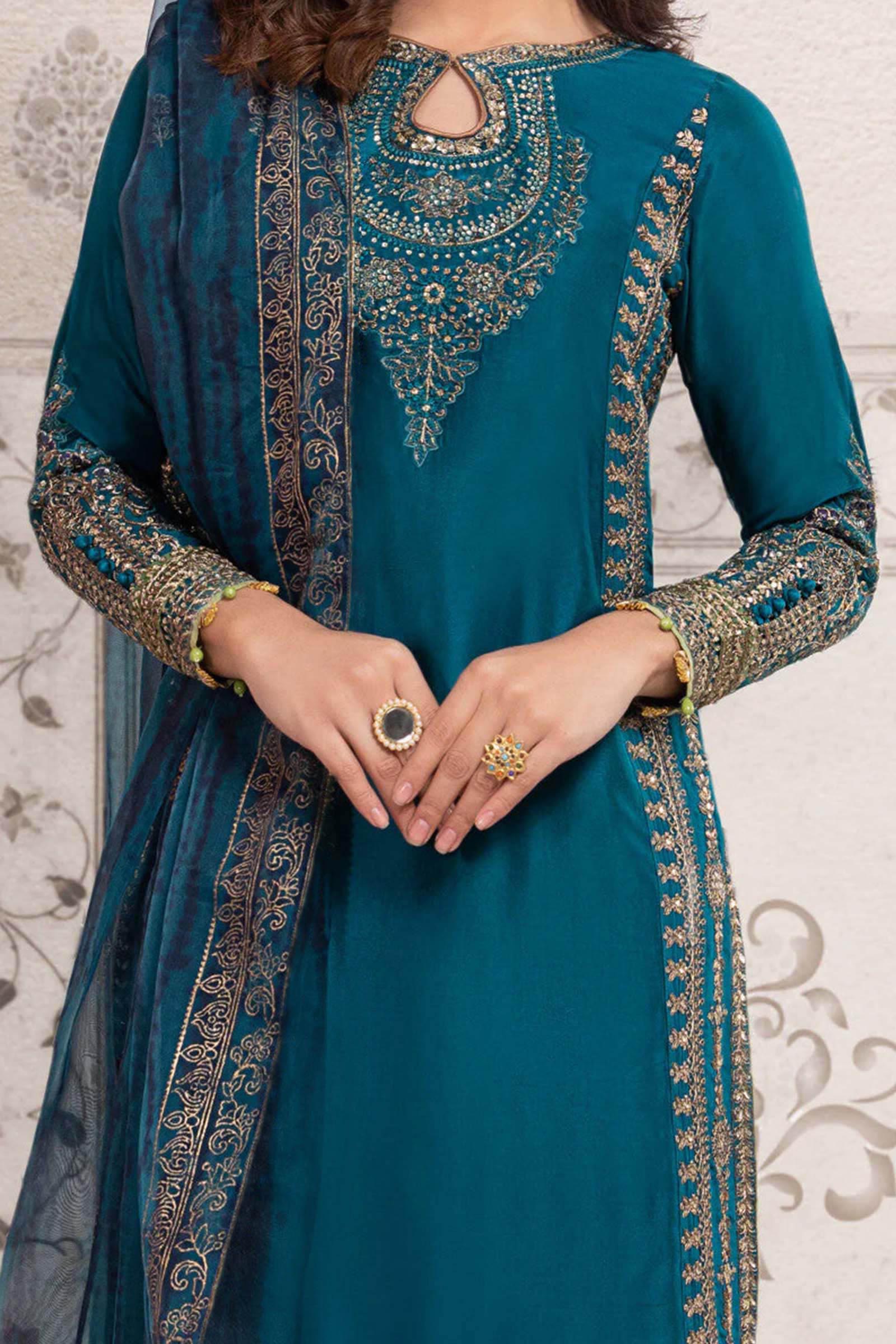 Teal Embroidered Bamber Raw Silk Straight Suit (3-Piece) - Image 2