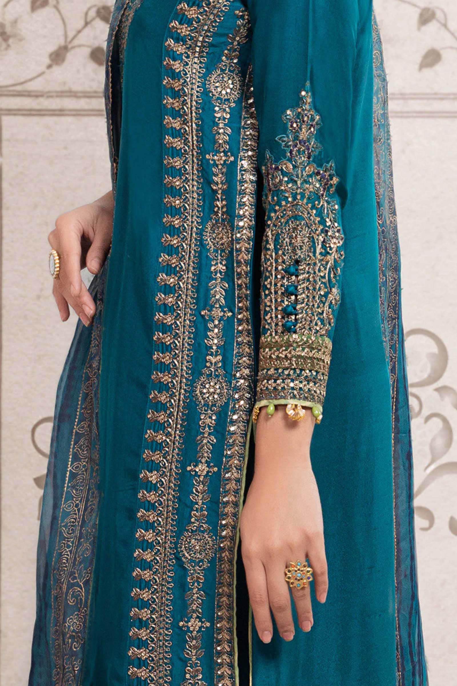 Teal Embroidered Bamber Raw Silk Straight Suit (3-Piece) - Image 3