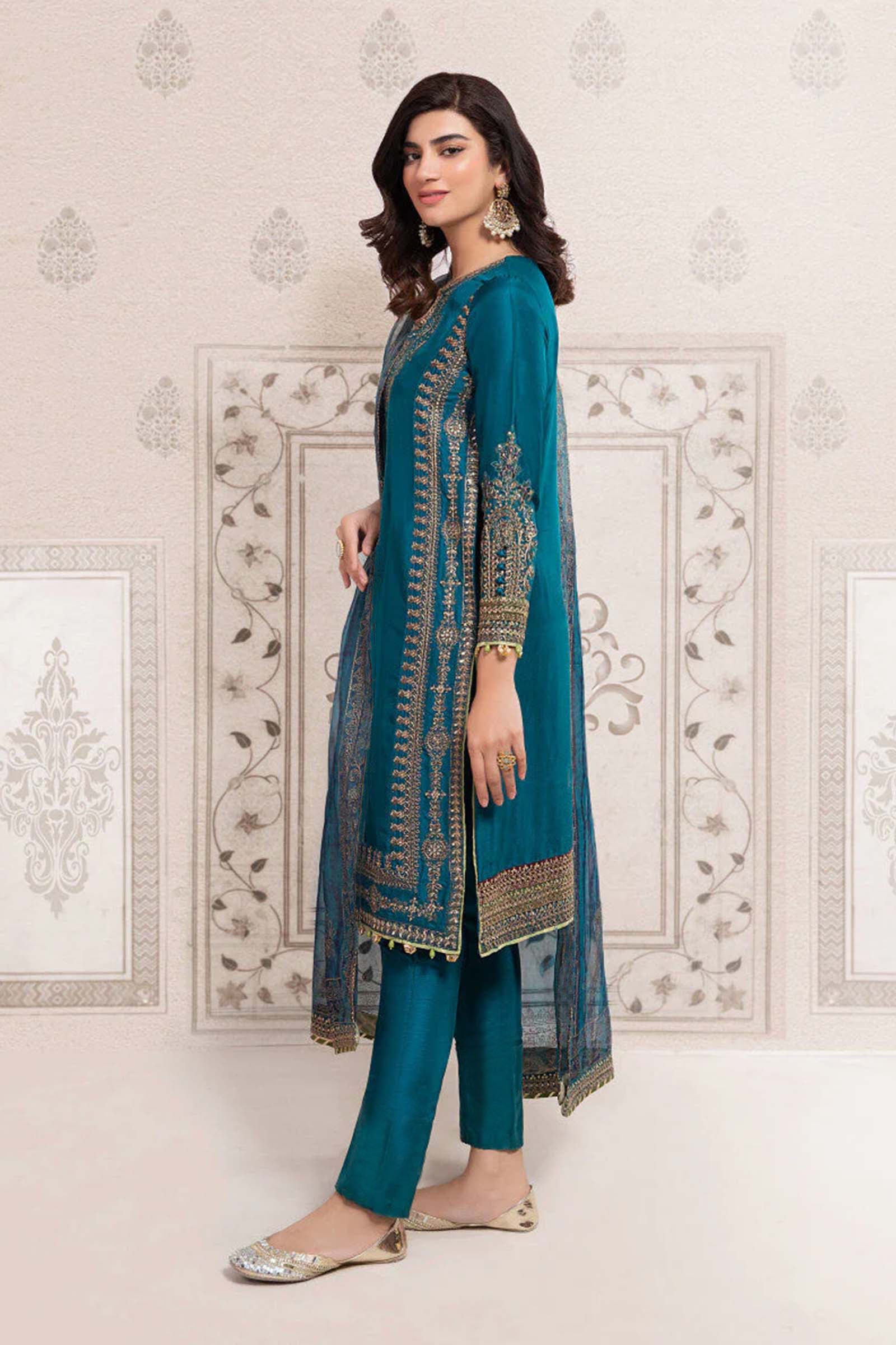 Teal Embroidered Bamber Raw Silk Straight Suit (3-Piece) - Image 4