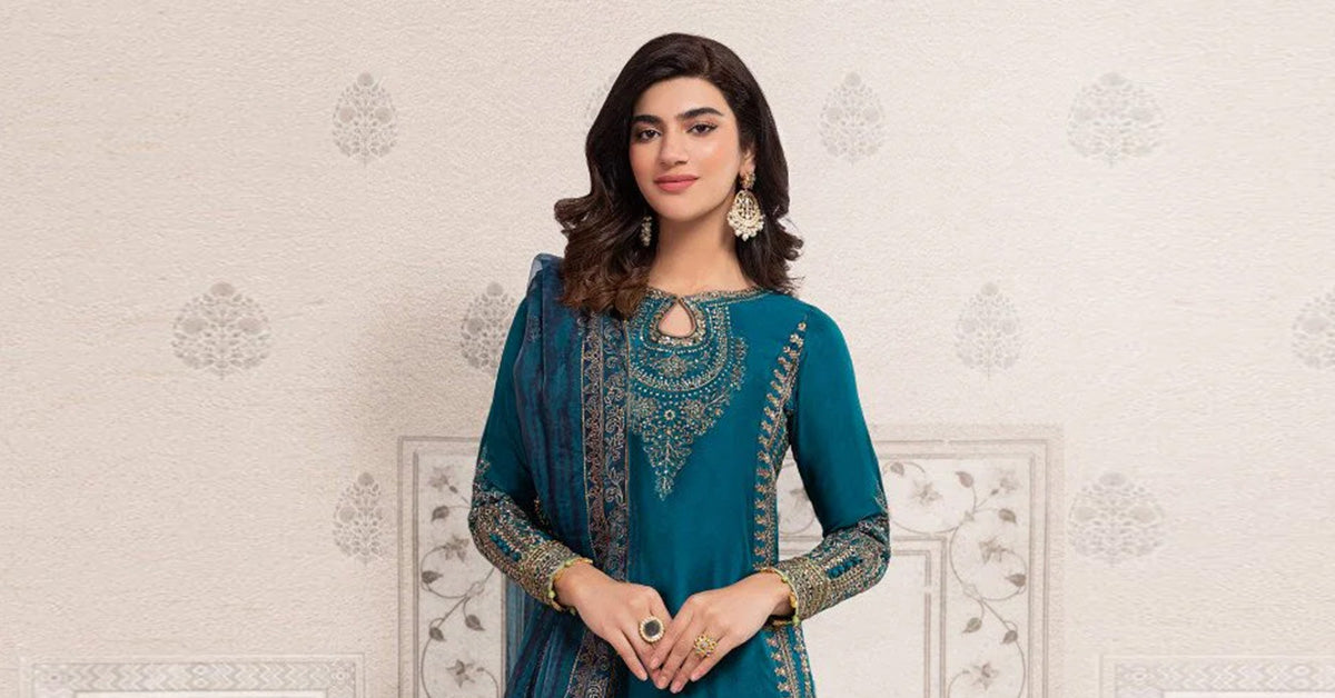 Teal Embroidered Bamber Raw Silk Straight Suit (3-Piece) - Image 5