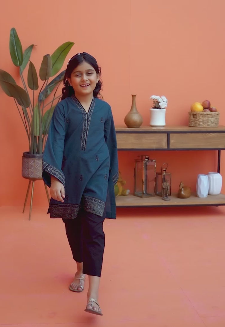 Teal Embroidered Cambric Salwar Kameez (2-Piece) - Image 1