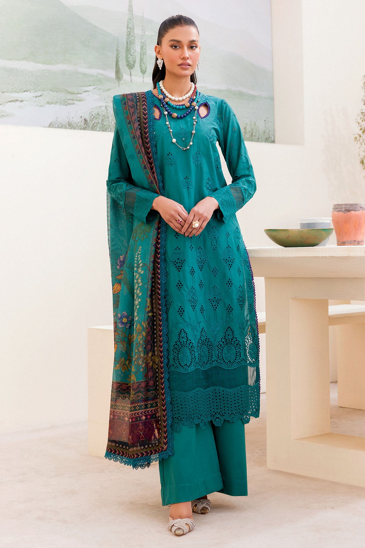Pakistani Teal Schiffli Embroidered Cambric 3-Piece Suit - Image 1