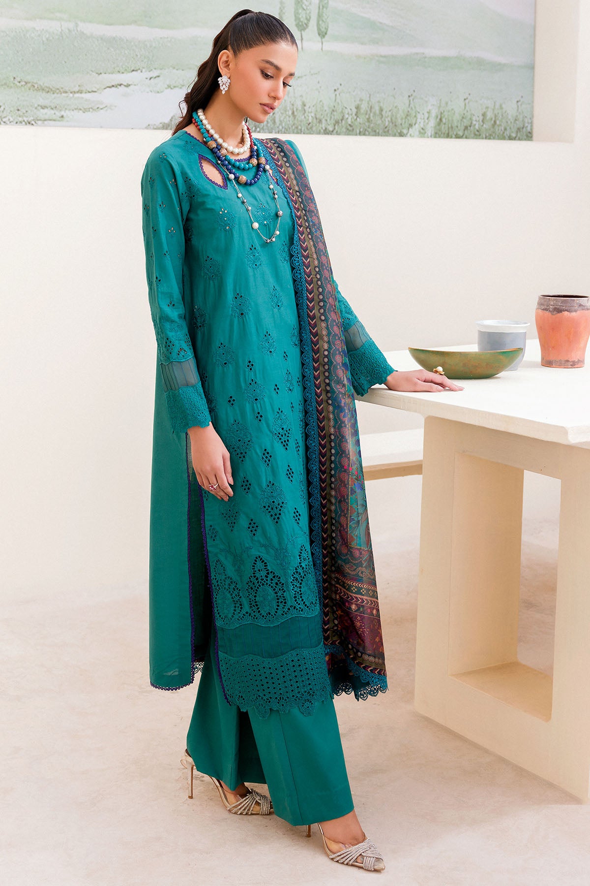 Pakistani Teal Schiffli Embroidered Cambric 3-Piece Suit - Image 2