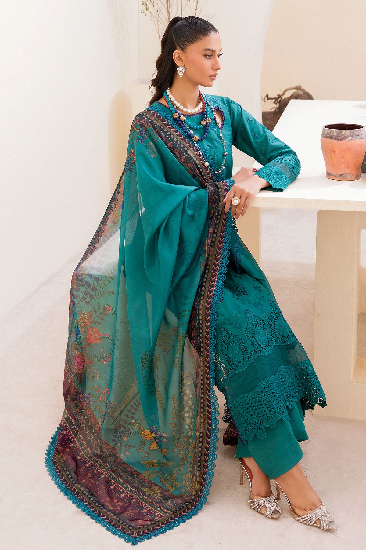 Pakistani Teal Schiffli Embroidered Cambric 3-Piece Suit - Image 3