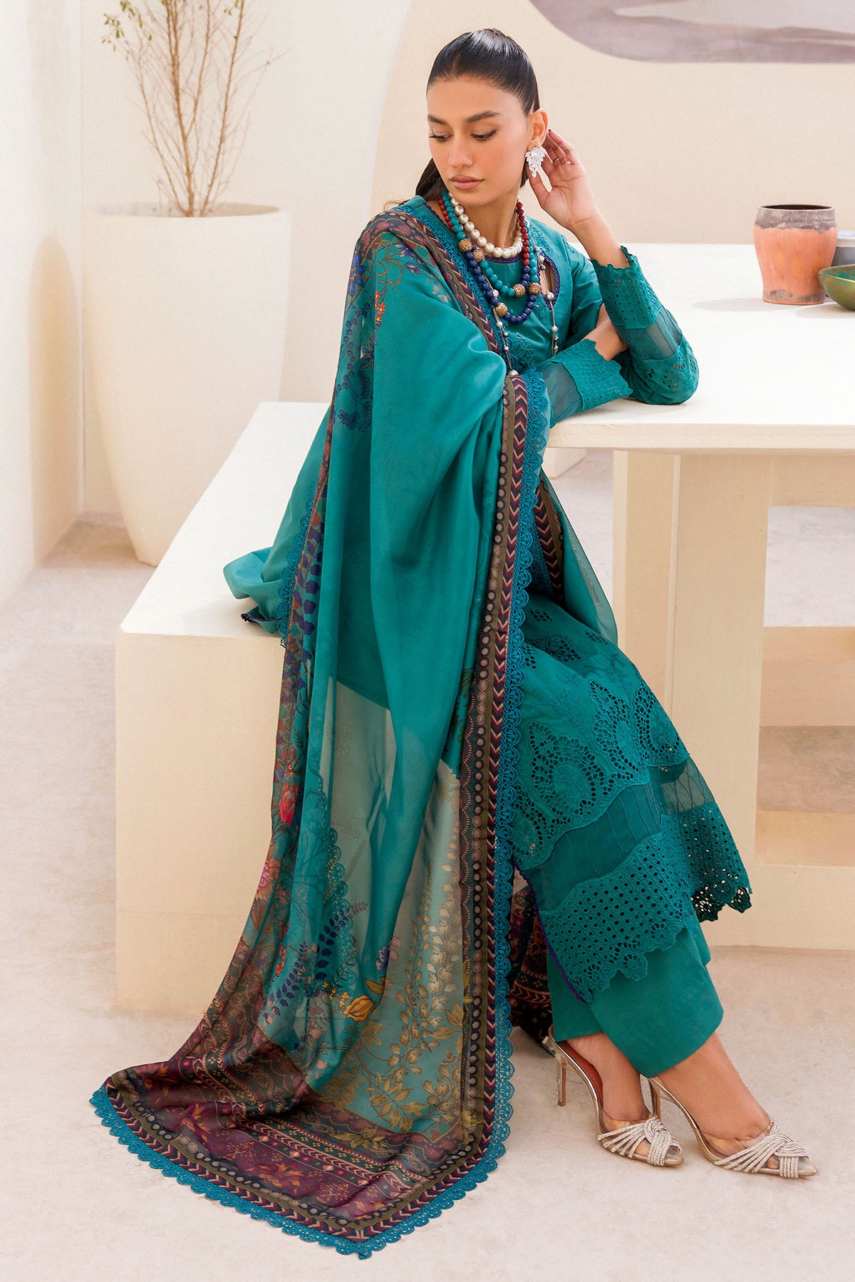 Pakistani Teal Schiffli Embroidered Cambric 3-Piece Suit - Image 4