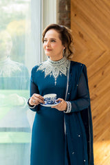 Pakistani Teal Crystal Embellished Chiffon Salwar Kameez (3-Piece) - Image 3