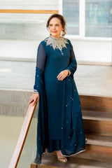 Pakistani Teal Crystal Embellished Chiffon Salwar Kameez (3-Piece) - Image 5