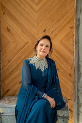 Pakistani Teal Crystal Embellished Chiffon Salwar Kameez (3-Piece) - Image 6