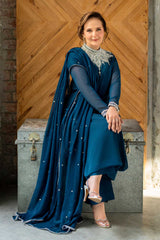 Pakistani Teal Crystal Embellished Chiffon Salwar Kameez (3-Piece) - Image 2