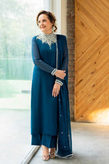 Pakistani Teal Crystal Embellished Chiffon Salwar Kameez (3-Piece) - Image 4