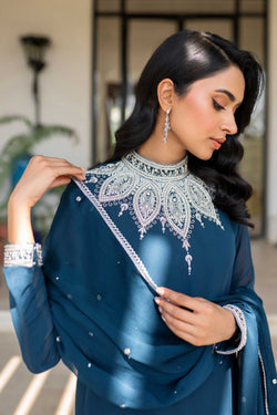 Teal Embroidered Chiffon Salwar Kameez (3-Piece) - Image 1