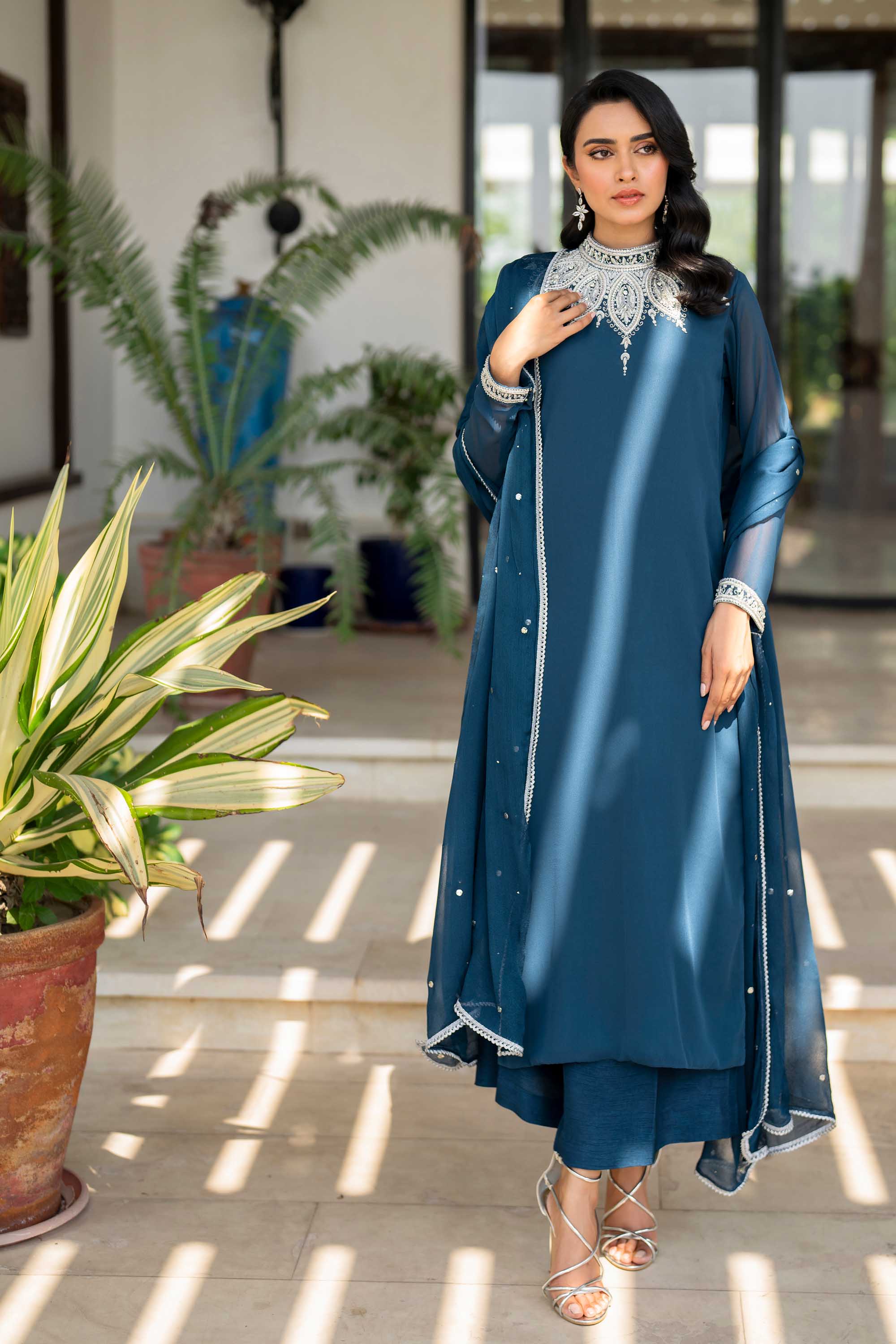 Teal Embroidered Chiffon Salwar Kameez (3-Piece) - Image 3
