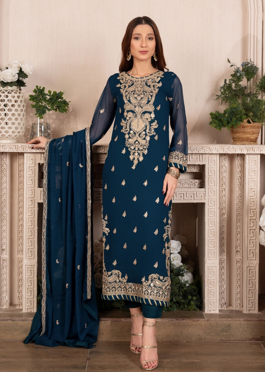 Pakistani Teal Embroidered Chiffon Straight Kurta Set (3-Piece) - Image 1