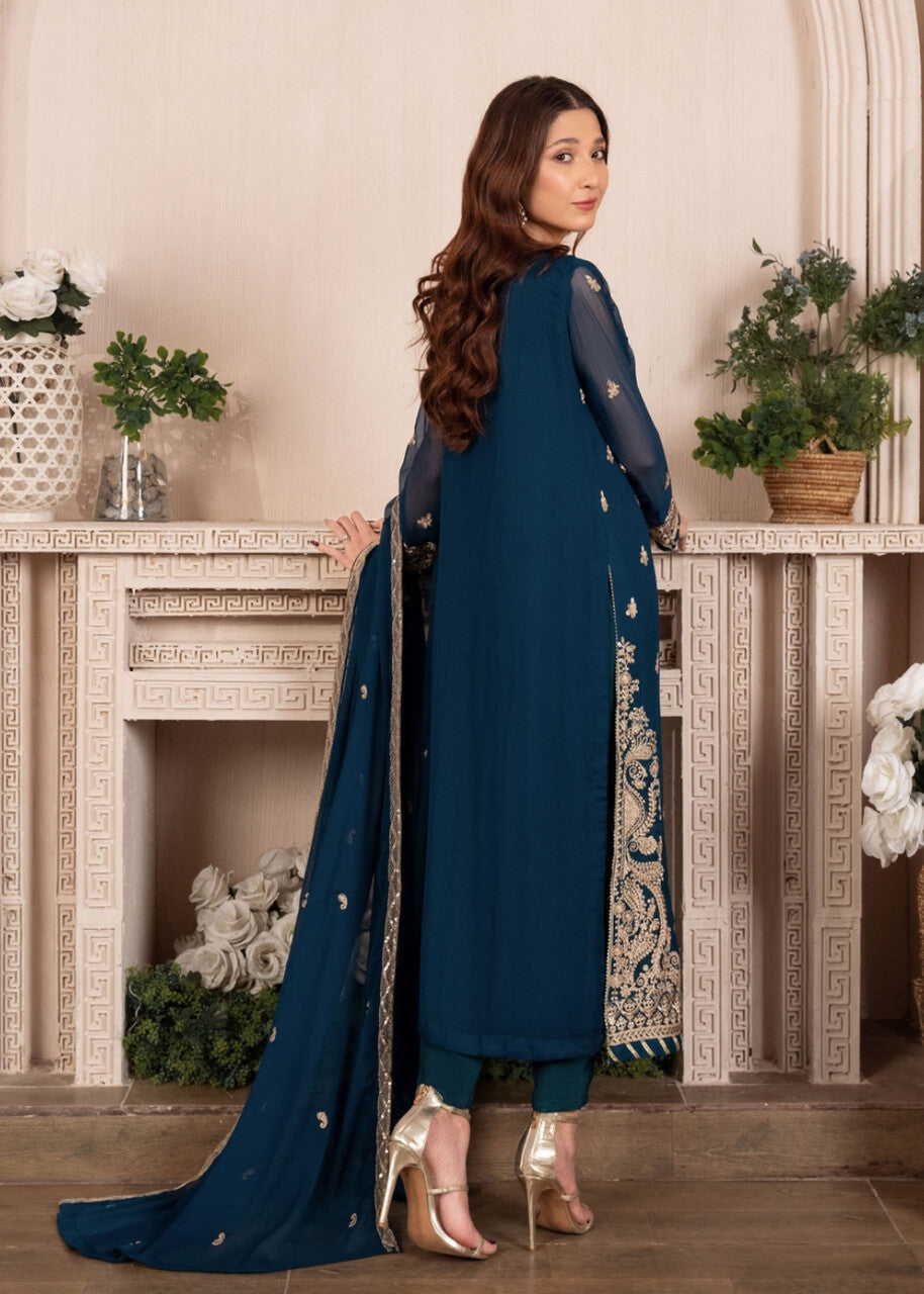 Pakistani Teal Embroidered Chiffon Straight Kurta Set (3-Piece) - Image 3