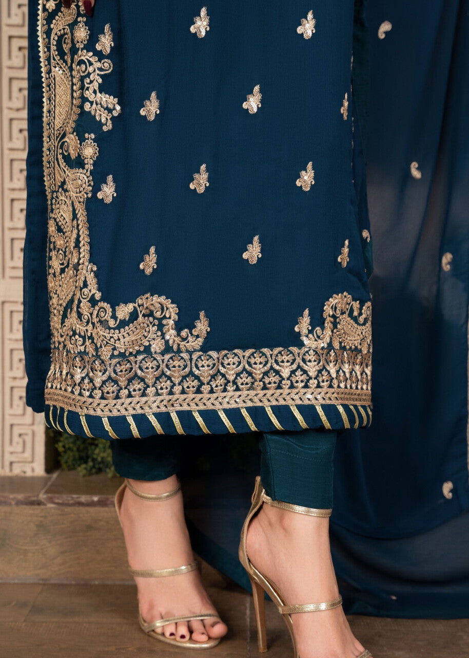 Pakistani Teal Embroidered Chiffon Straight Kurta Set (3-Piece) - Image 4