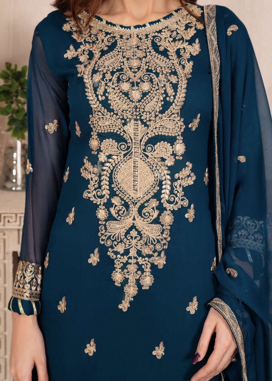 Pakistani Teal Embroidered Chiffon Straight Kurta Set (3-Piece) - Image 5