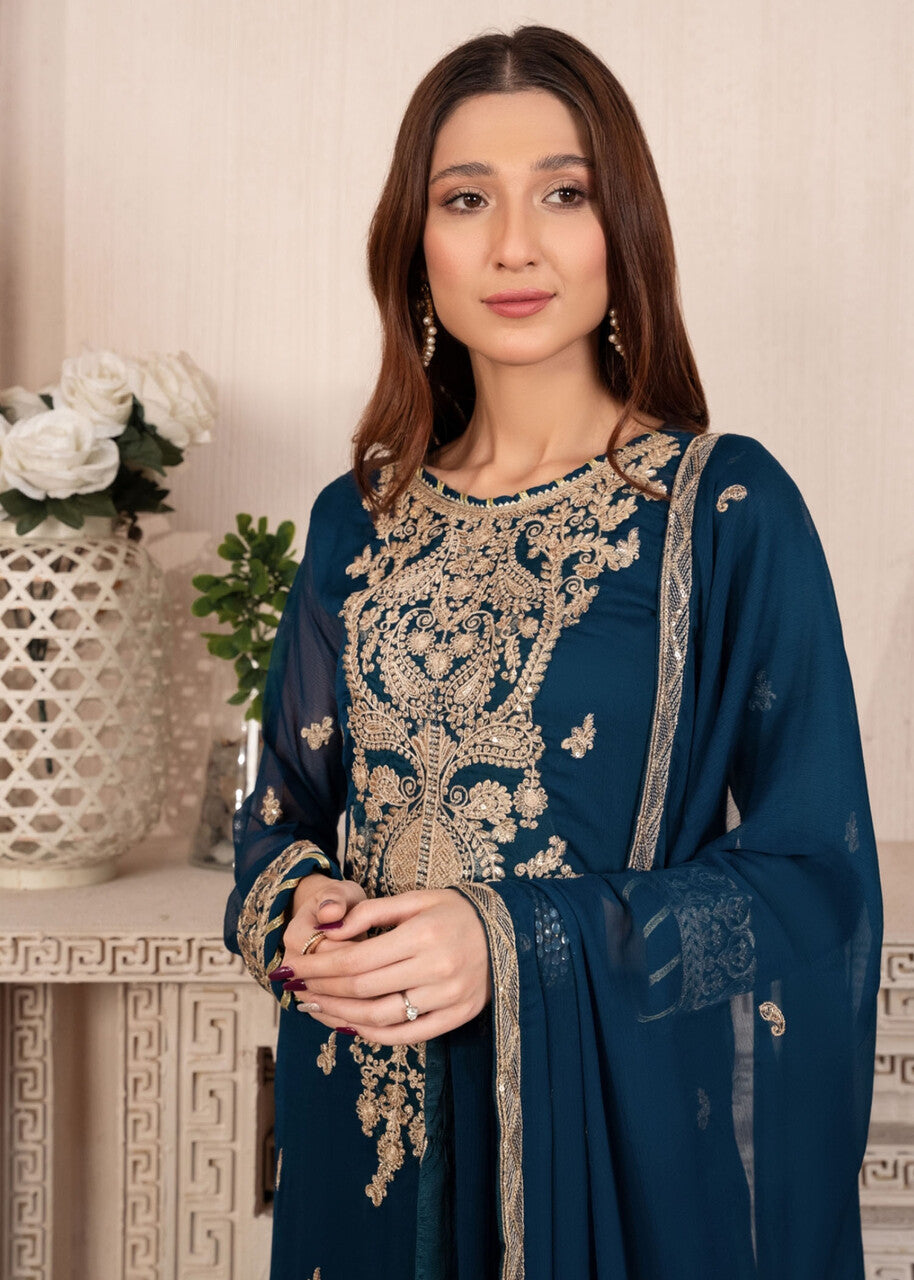 Pakistani Teal Embroidered Chiffon Straight Kurta Set (3-Piece) - Image 6