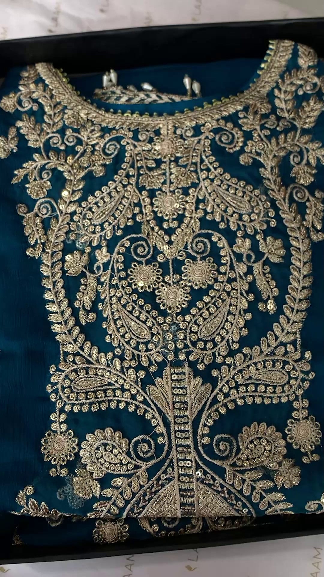 Pakistani Teal Embroidered Chiffon Straight Kurta Set (3-Piece) - Image 7