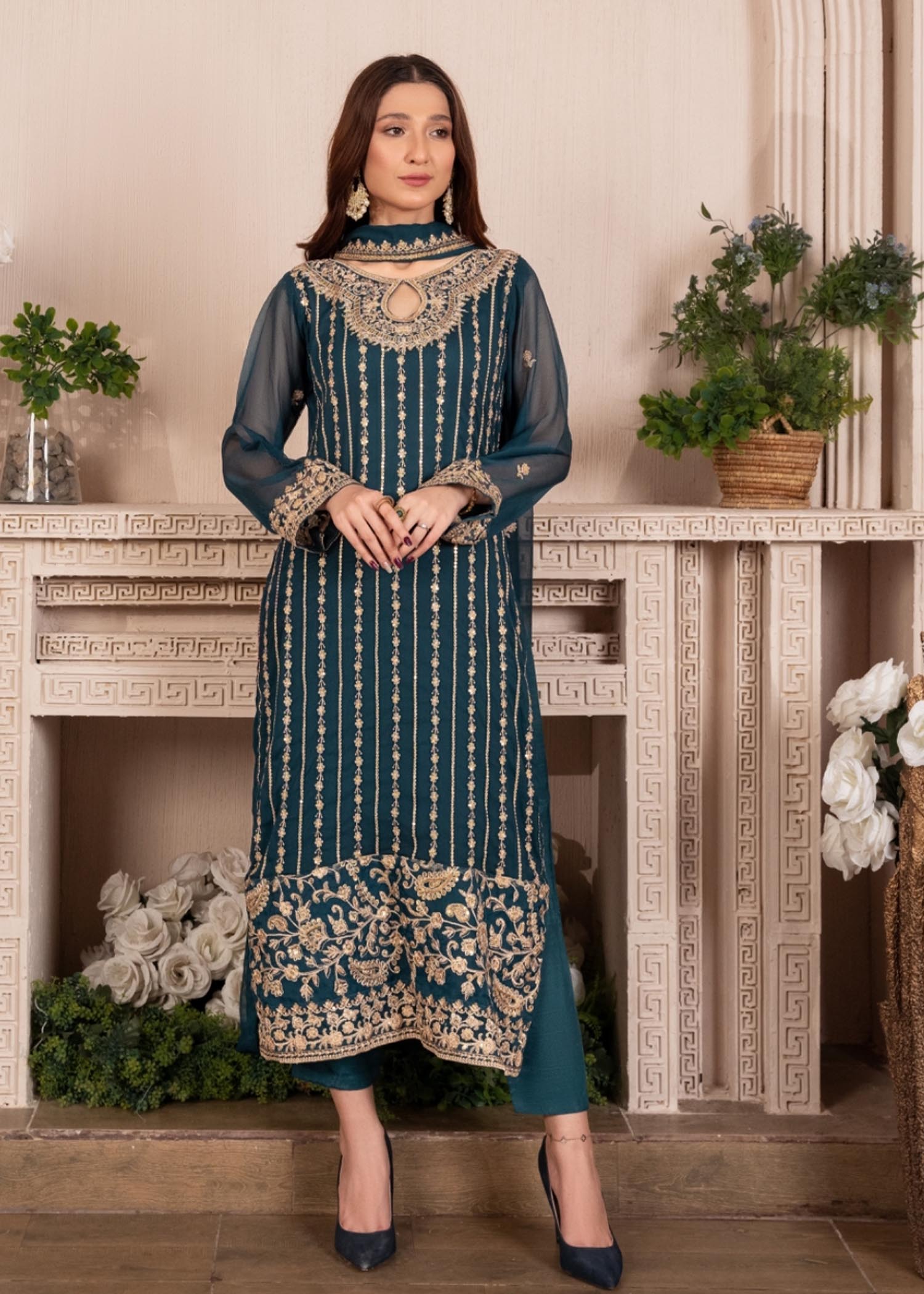 Pakistani Teal Embroidered Chiffon Kurta Set (3-Piece) - Image 1