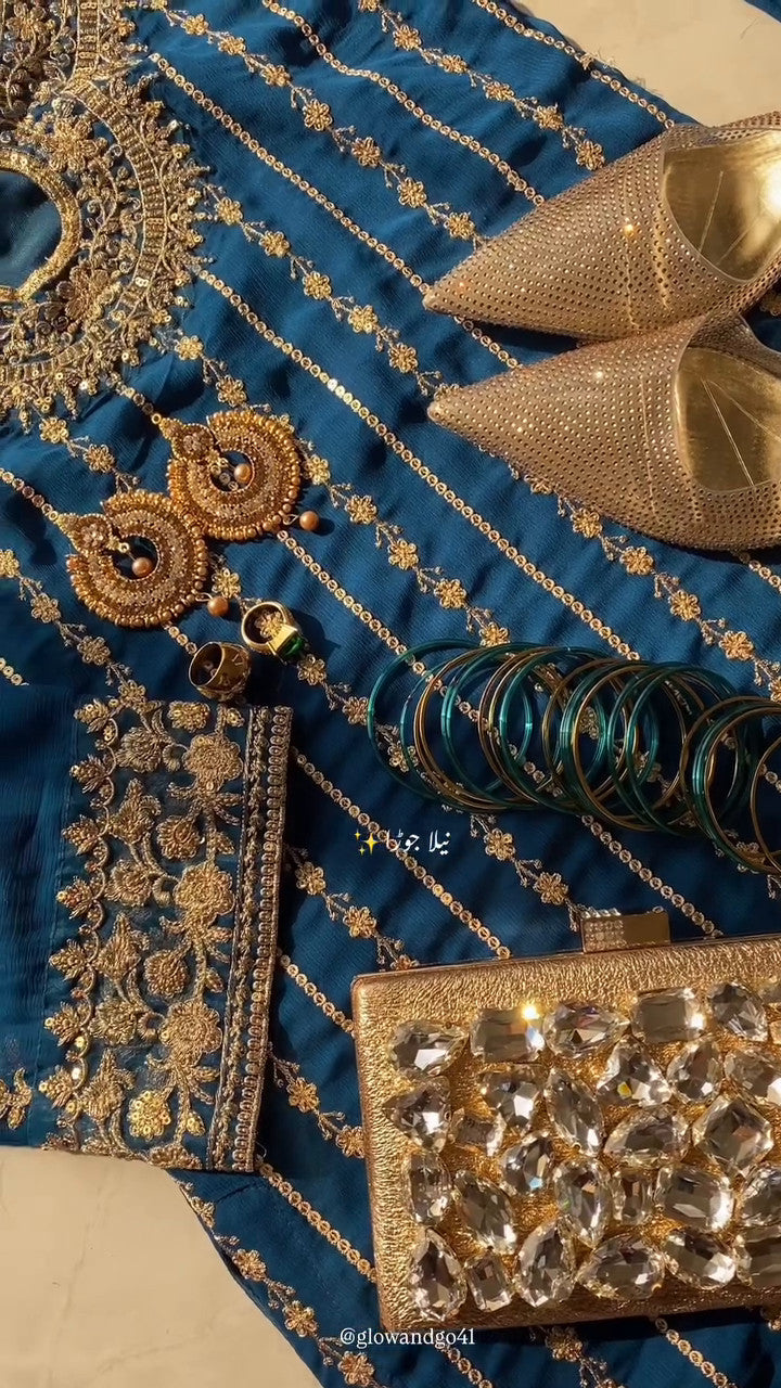 Pakistani Teal Embroidered Chiffon Kurta Set (3-Piece) - Image 10