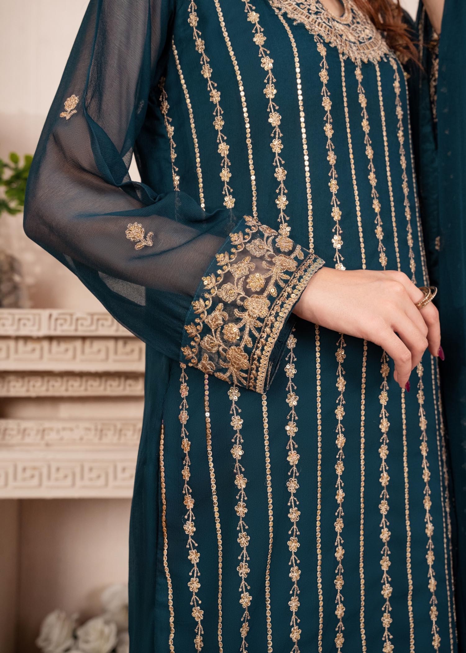 Pakistani Teal Embroidered Chiffon Kurta Set (3-Piece) - Image 4