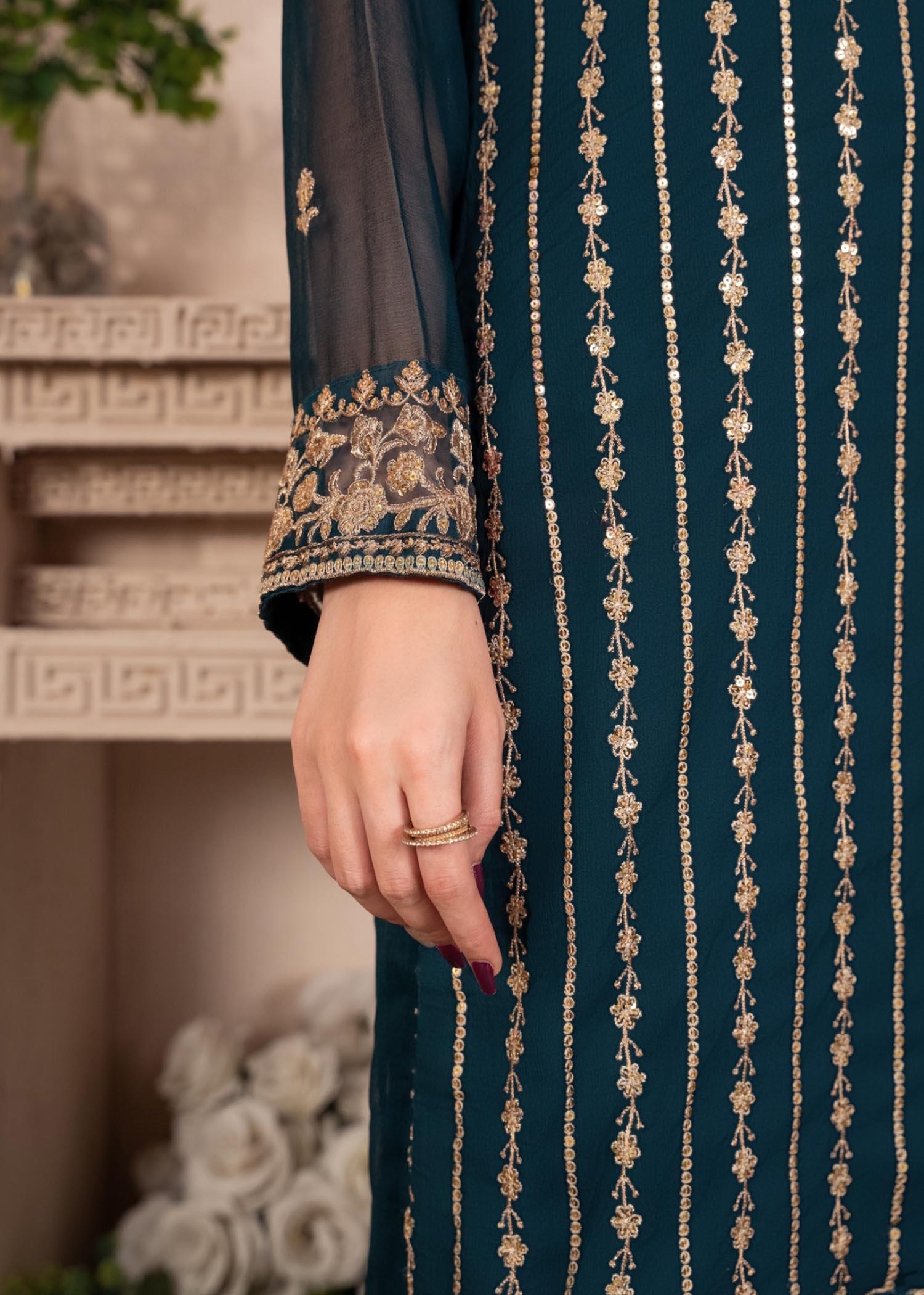 Pakistani Teal Embroidered Chiffon Kurta Set (3-Piece) - Image 5