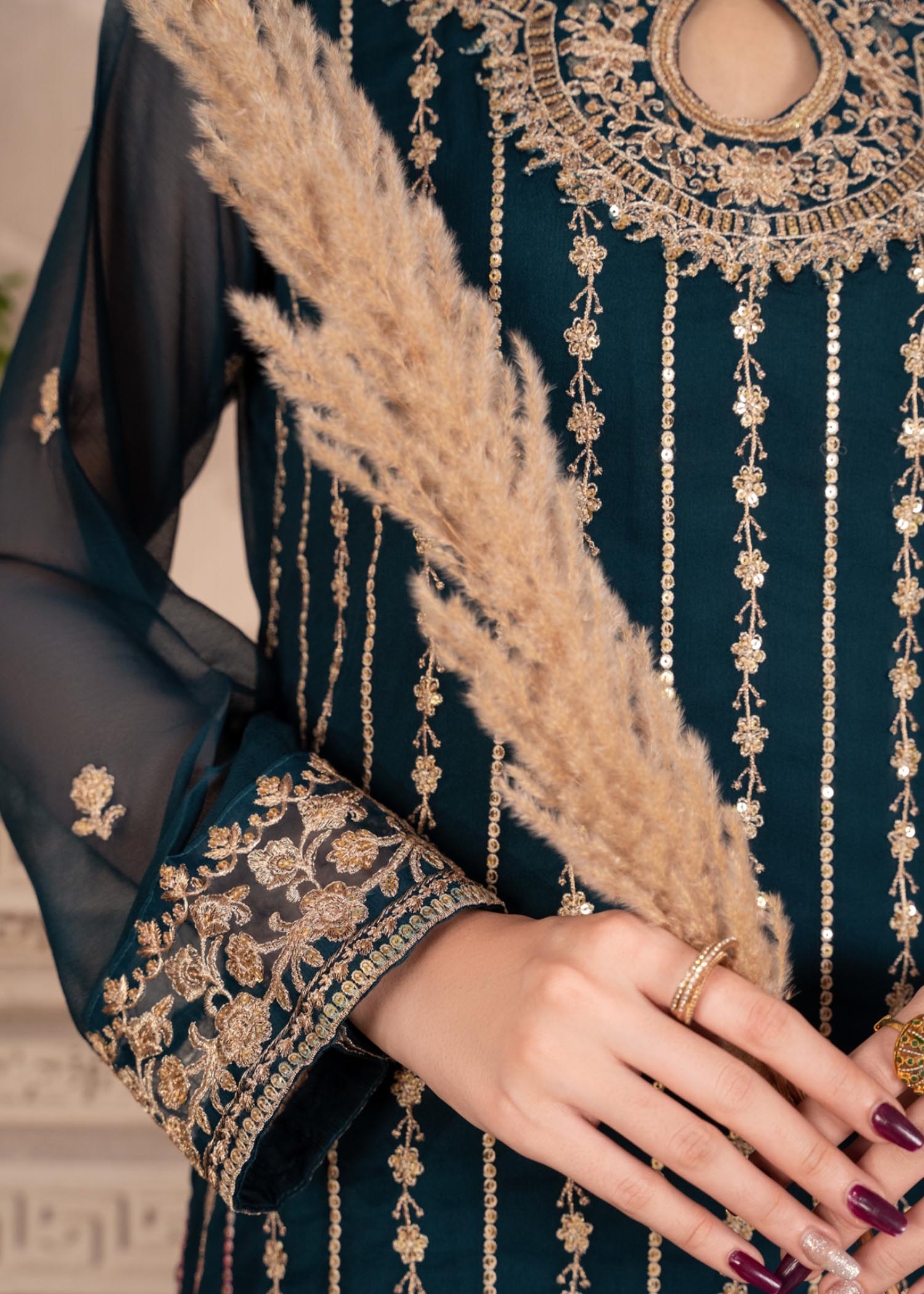 Pakistani Teal Embroidered Chiffon Kurta Set (3-Piece) - Image 7