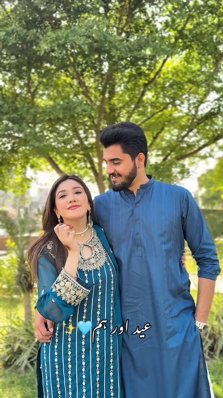 Pakistani Teal Embroidered Chiffon Kurta Set (3-Piece) - Image 9