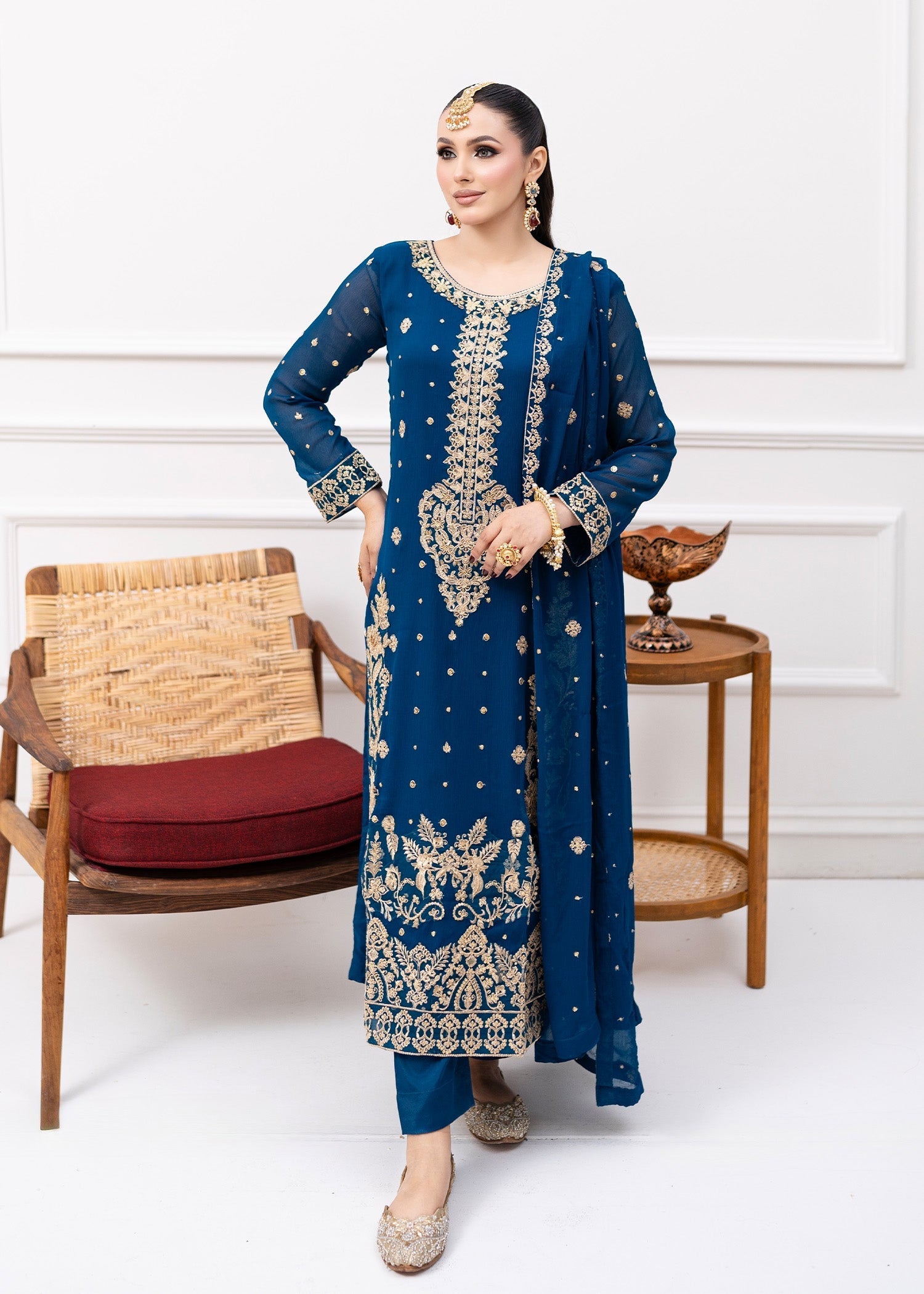 Teal Gold Embroidered Chiffon Kurta Set (3-Piece) - Image 1