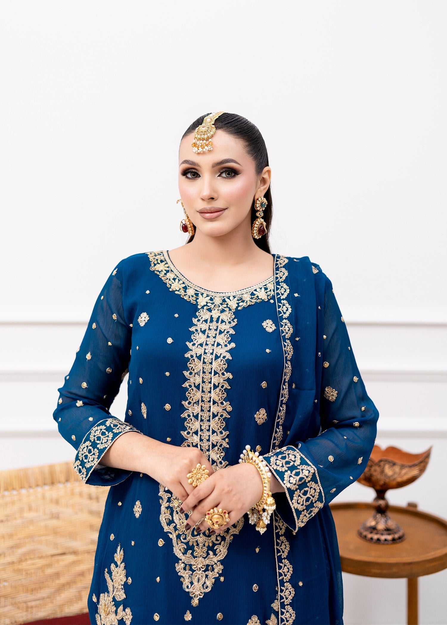 Teal Gold Embroidered Chiffon Kurta Set (3-Piece) - Image 2