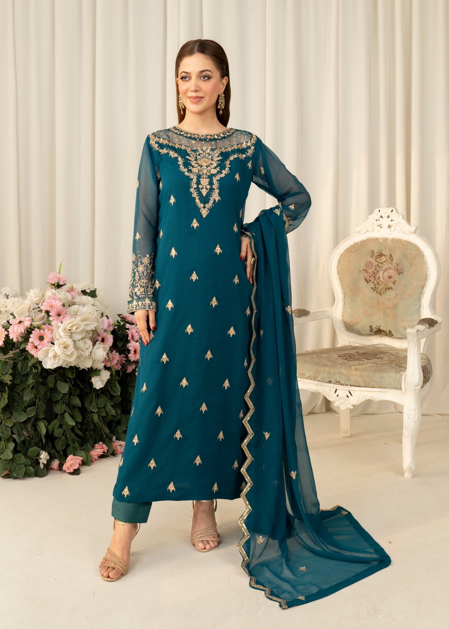Pakistani Teal Embroidered Chiffon Kurta Set (3-Piece) - Image 1