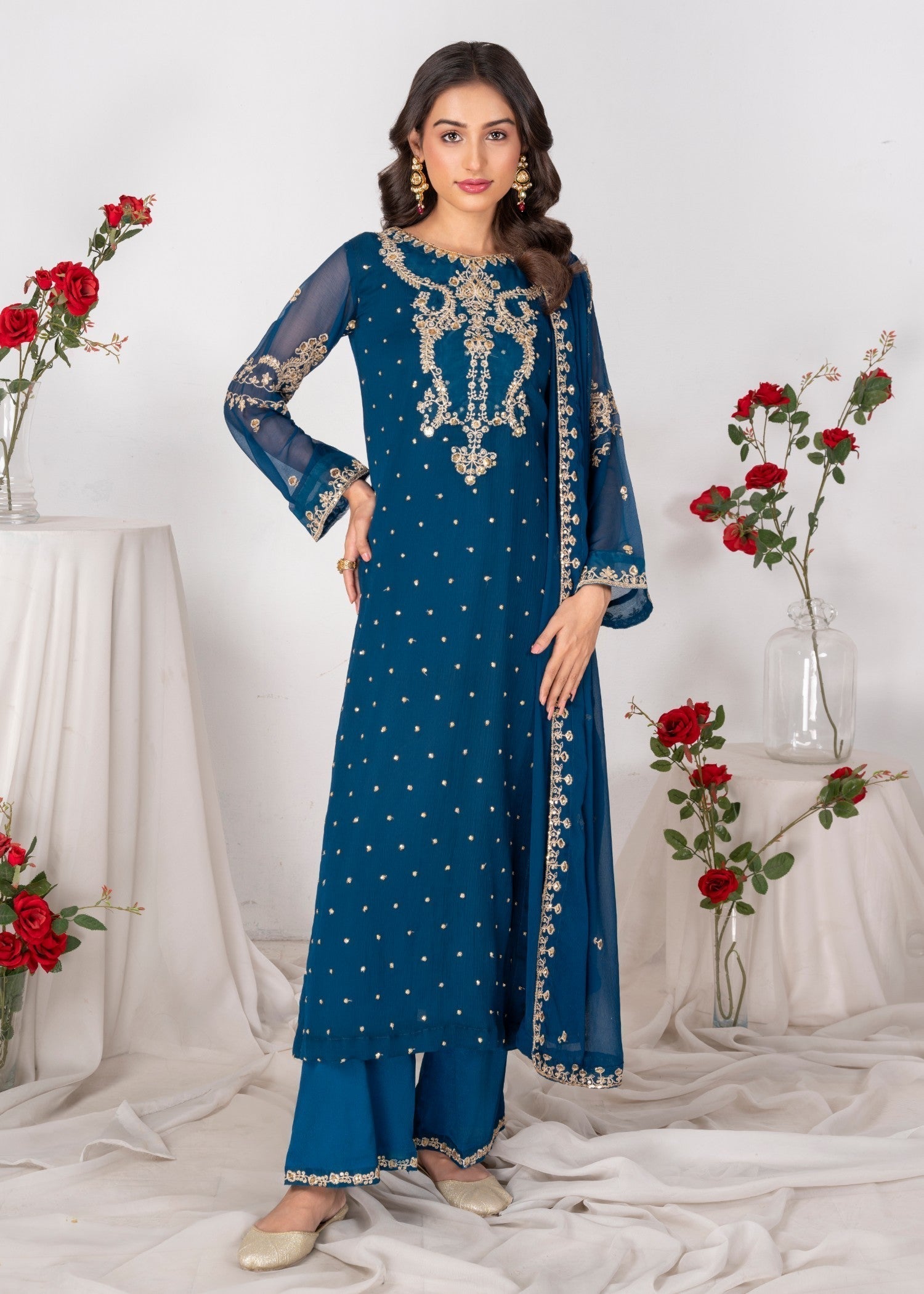 Teal Embroidered Chiffon Kurta Set (3-Piece) - Image 1