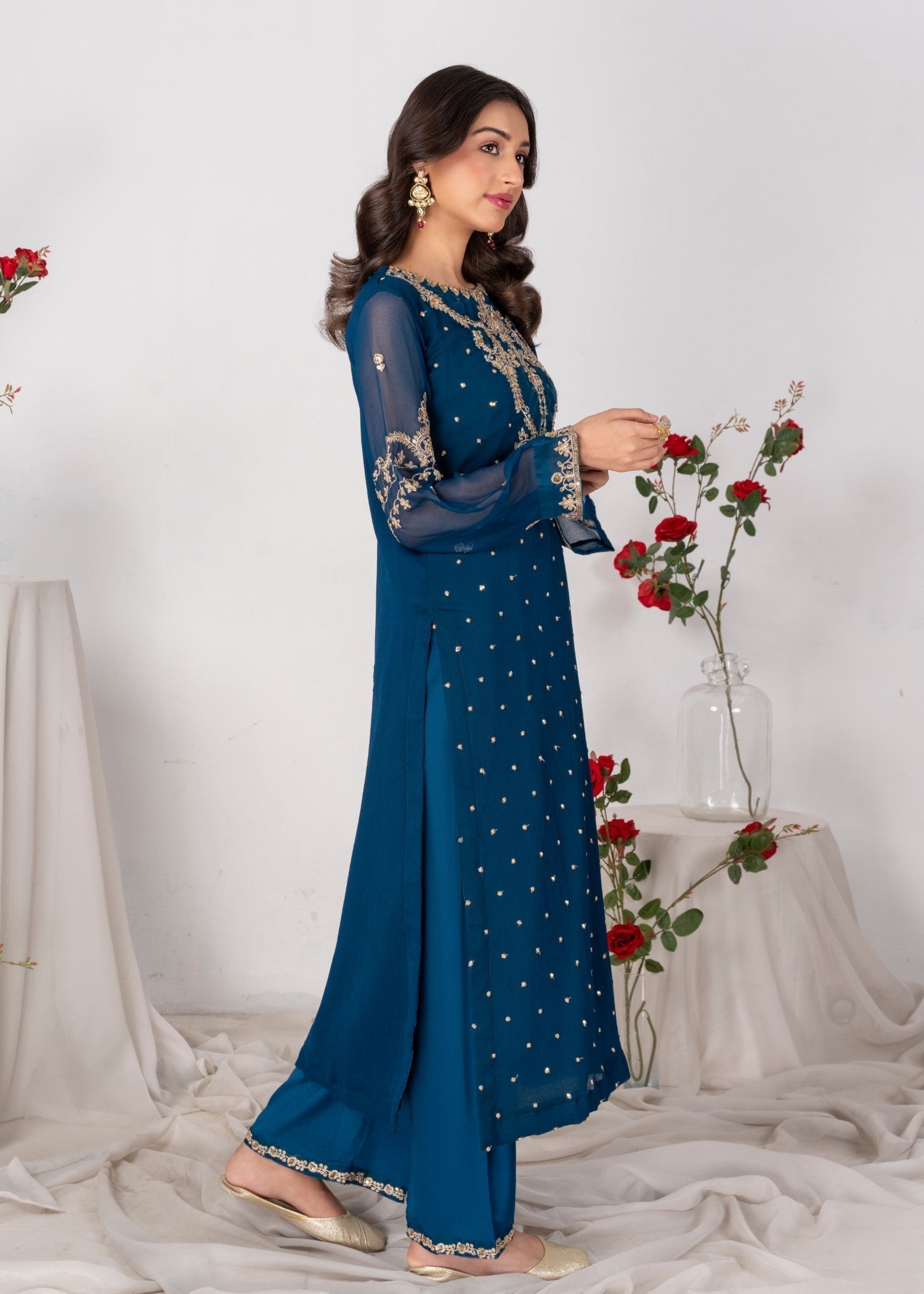 Teal Embroidered Chiffon Kurta Set (3-Piece) - Image 2